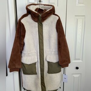 UGG Brown and Green and Cream hooded faux shearling Coat